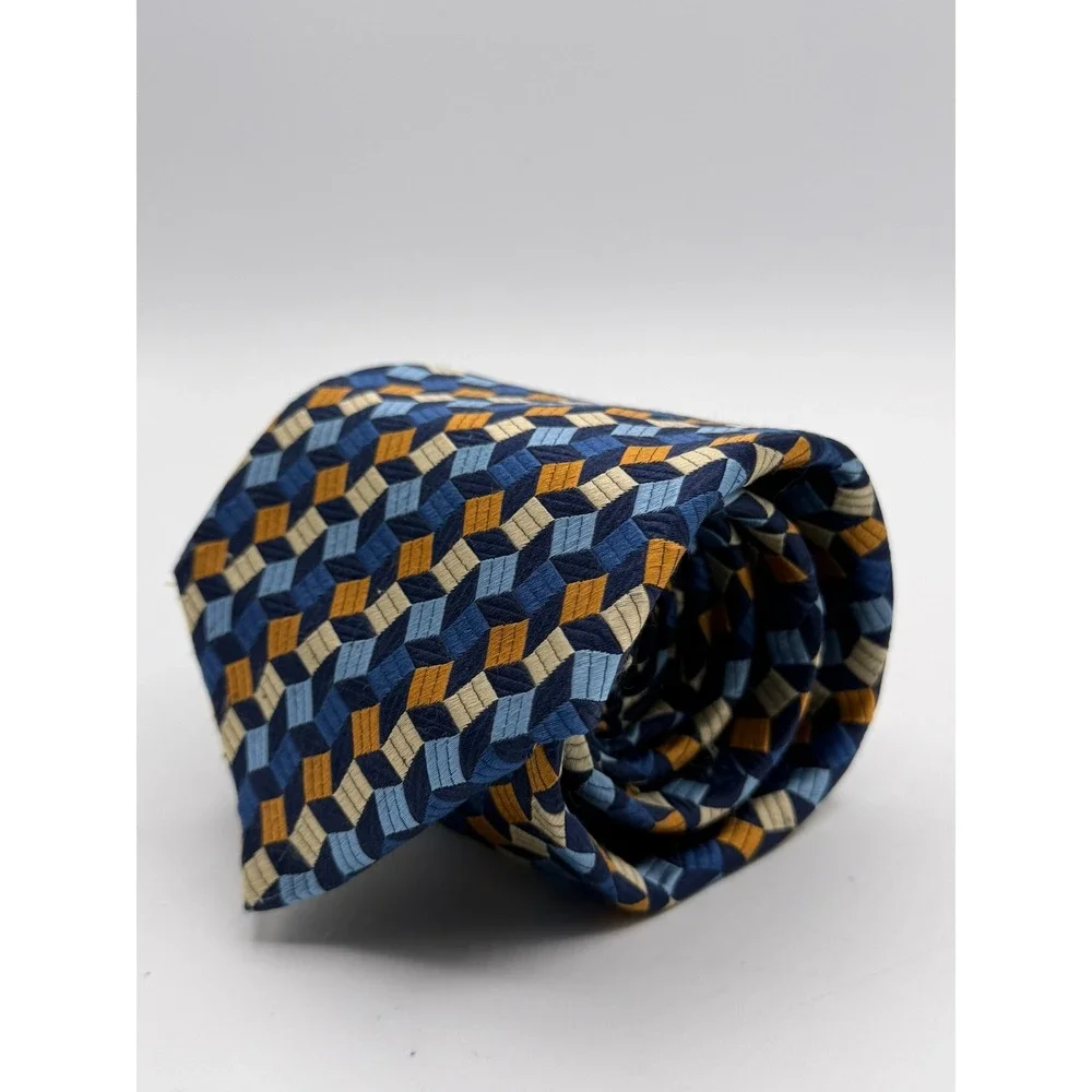 Amherst & Brock Mens Silk Tie Blue Gold Geometric Cube Pattern Made in Italy